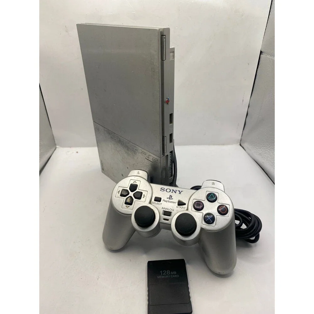Sony Playstation 2 PS2 Slim Silver Console OEM Silver Controller Tested + memory